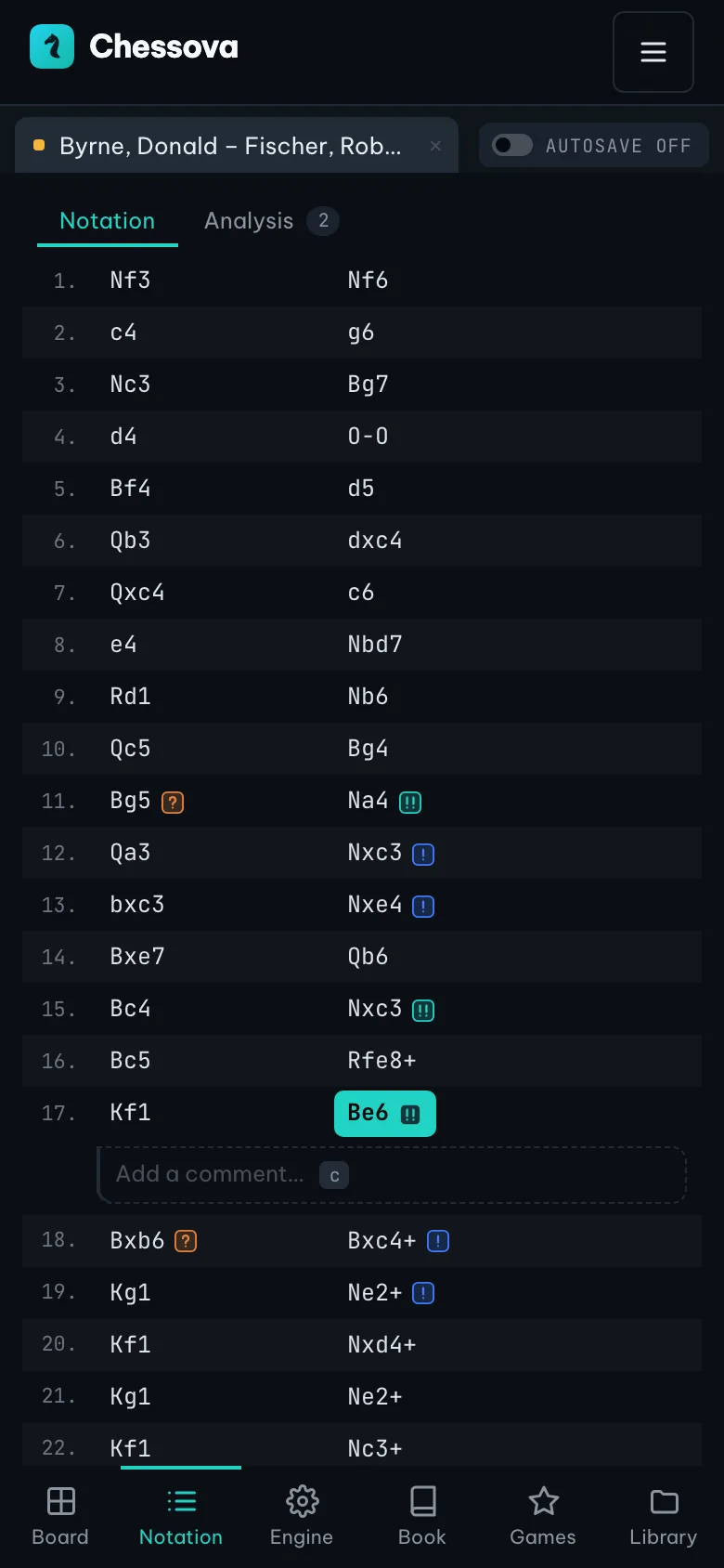 Chessova Lab trên di động: danh sách nước đi có nhãn cho từng nước (Brilliant, Mistake) và thanh tab bên dưới