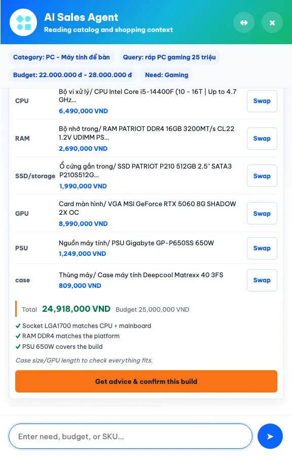 Bảng cấu hình PC của Randy cho ngân sách gaming 25 triệu: các dòng CPU, RAM, SSD, GPU, PSU và case đều có nút Swap, tổng 24.918.000 VND nằm trong ngân sách, kèm các phép kiểm tương thích socket, RAM và nguồn